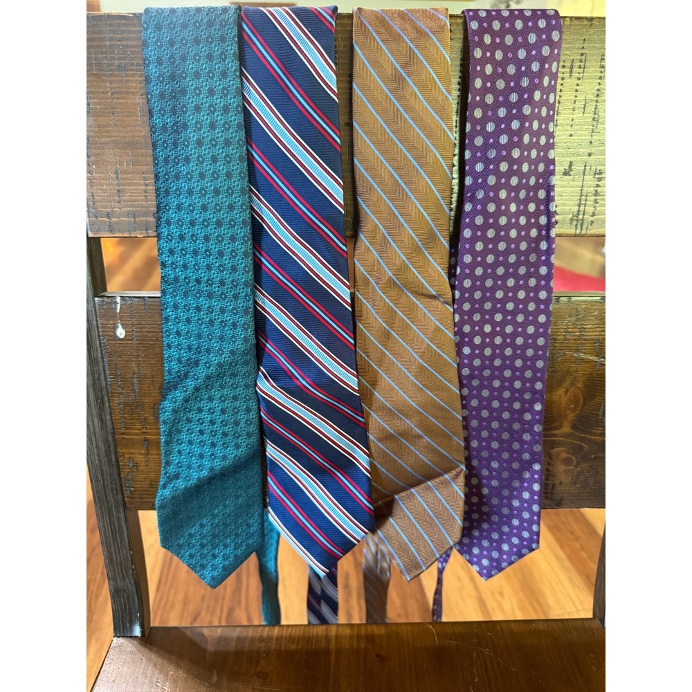 Tom James Mens Silk Necktie Lot 4 Piece Set Striped Polka Dot Geometric Teal‎